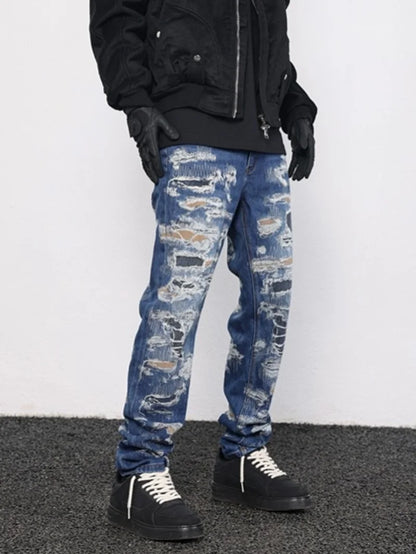 retro washed 3d printed fake distressed jeans hip hop denim pants streetwear jean pants mens harajuku cotton trousers joggers casual joggers