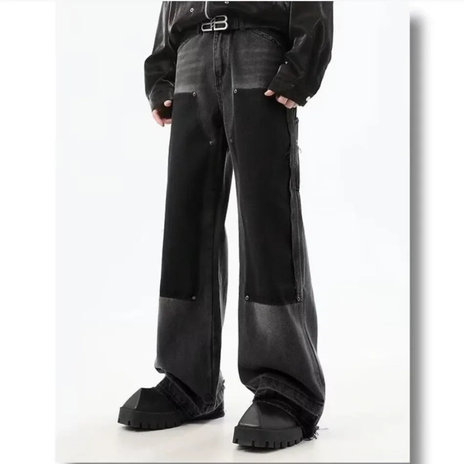 Summer Slim High Street Jeans Mens Washed Rough Edge Patchwork Straight Cowboy Pants Pockets Design Rivets Denim Trousers Thin Street King Limited