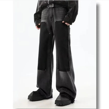 Summer Slim High Street Jeans Mens Washed Rough Edge Patchwork Straight Cowboy Pants Pockets Design Rivets Denim Trousers Thin Street King Limited