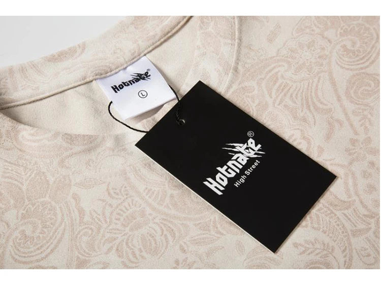 Merican Hip-hop Summer Thin Section Suede Cashew Flower Print Tshirts Tops Men and Women Loose Short-sleeved T-shirts Oversized Street King Limited