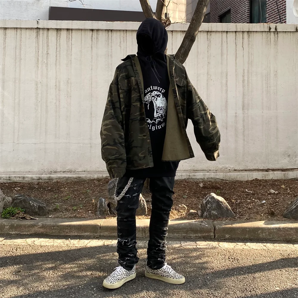 Undermycar High Street Trendy Brand High Quality Extra Large Washed and Worn Dark Checker Patch Camo Shirt Street King Limited