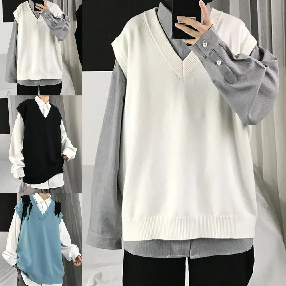 Men Sweater Vest V Neck Solid Color Sleeveless All Match Spring Sweater for School Male Pullovers Men's Clothing Streetwear Street King Limited