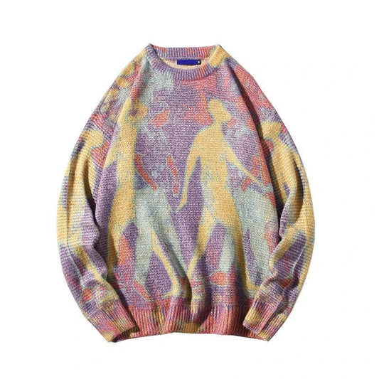 Rainbowtouches Men Sweater High Street Printing Graffiti Purple Pullover Vintage Round Neck Knitted Sweater Spring And Autumn Street King Limited