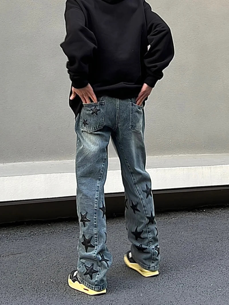 mens high street stars embroidery denim jean pants casual loose straight jeans hip hop y2k unisex pants streetwear joggers casual joggers