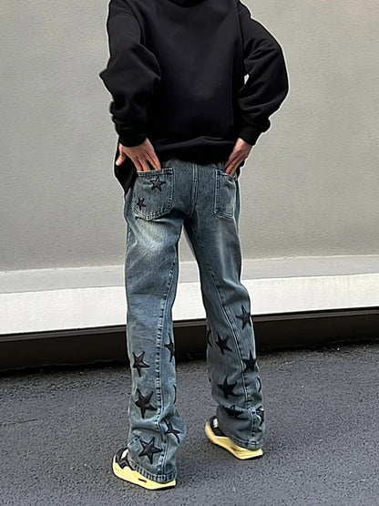 mens high street stars embroidery denim jean pants casual loose straight jeans hip hop y2k unisex pants streetwear joggers casual joggers