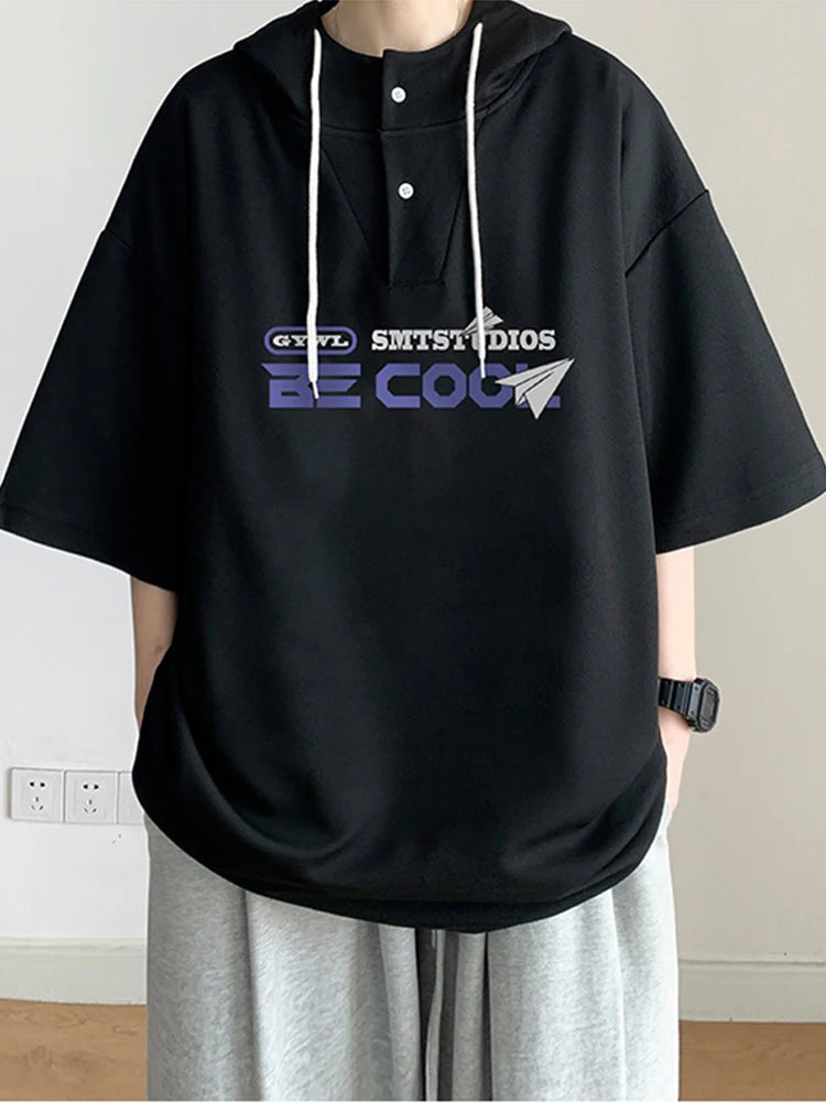 New Men's Casual Hooded Y2K T-Shirt Summer Short Sleeve Letter Printed T Shirts Hombre Oversized Hip Hop Fashion Gym Tee Tops Street King Limited