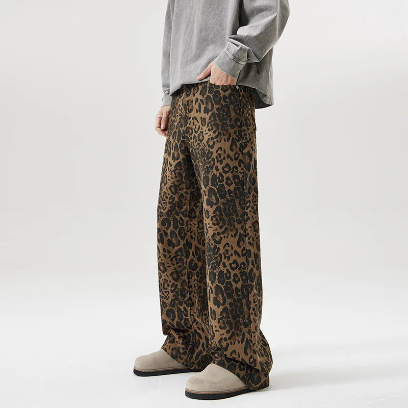 men leopard print denim loose casual plus size baggy jeans women streetwear hip hop straight y2k jeans pants trousers ripped baggy denim