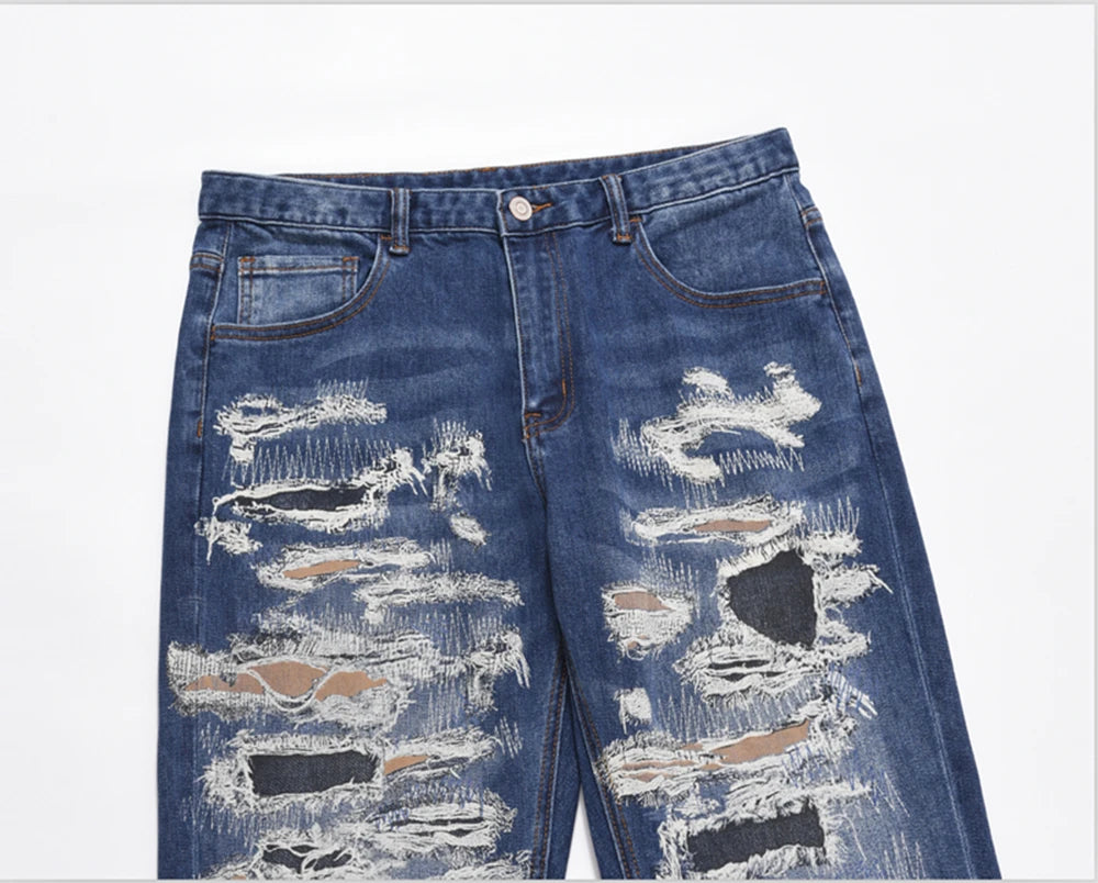 harajuku cut hole ripped patchwork blue jeans for men straight retro streetwear casual denim pants oversized loose trousers unique jeans style 1095