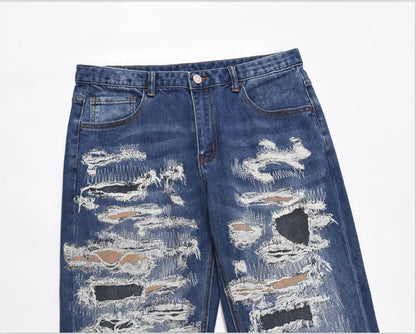 harajuku cut hole ripped patchwork blue jeans for men straight retro streetwear casual denim pants oversized loose trousers unique jeans style 1095