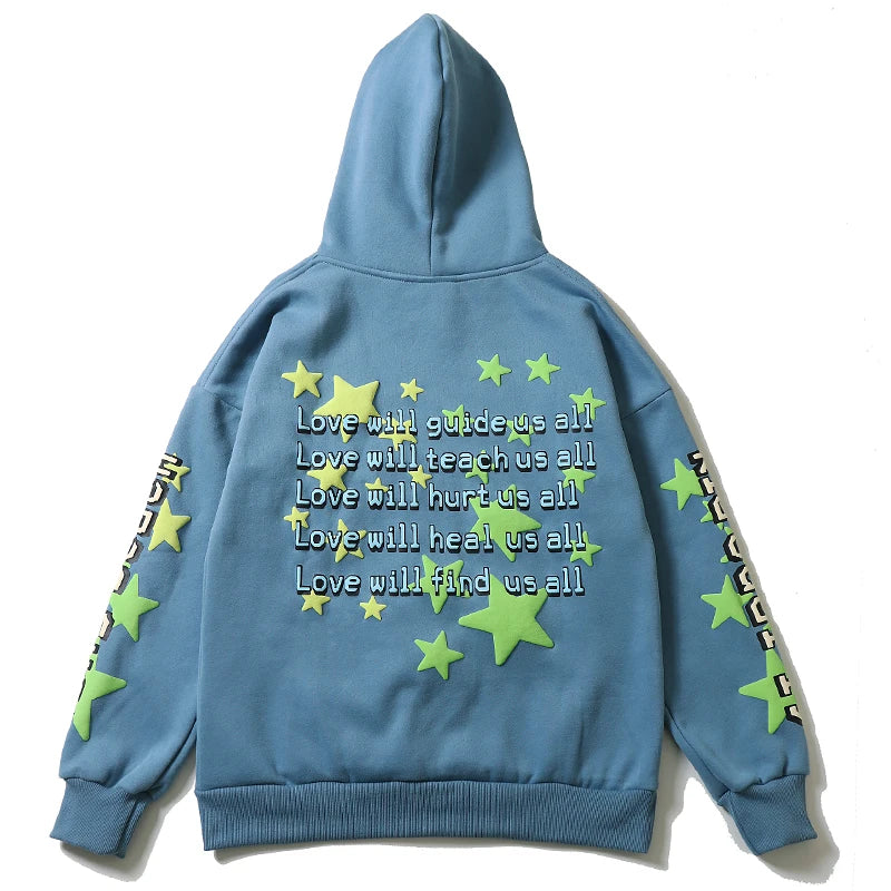 High Street Letter Foam Stars Print Men's and Women's Fleece Hoodie Retro Autumn and Winter Casual Pullover Hooded Sweatshirts Street King Limited