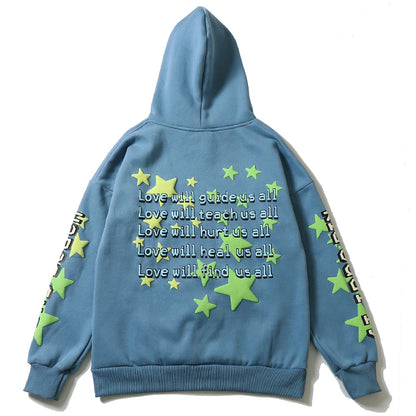 High Street Letter Foam Stars Print Men's and Women's Fleece Hoodie Retro Autumn and Winter Casual Pullover Hooded Sweatshirts Street King Limited