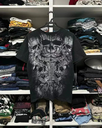 American Fashion Pattern Print Summer Cotton T-shirt Men Y2K New Street Hip Hop Retro Spot Short Sleeved Couples Casual T-shirt Street King Limited