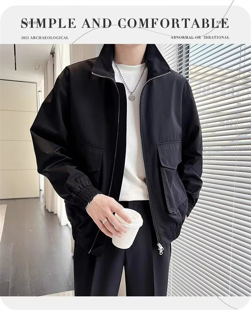 autumn solid color cargo jackets for men new korean fashion zipper cardigan coats stand collar streetwear bomber jacket hombre unique cargo style 1657