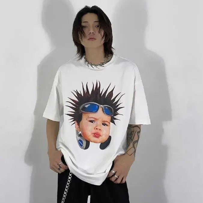 Korean pure cotton printed short-sleeved T-shirt for men and women creative angel hip-hop street Y2K loose half sleeved top Street King Limited