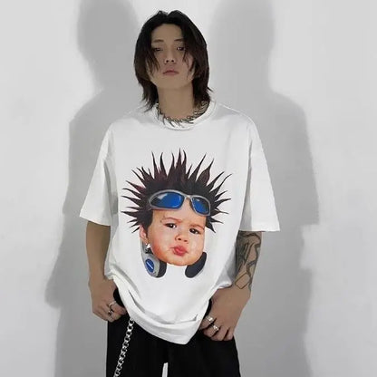 Korean pure cotton printed short-sleeved T-shirt for men and women creative angel hip-hop street Y2K loose half sleeved top Street King Limited