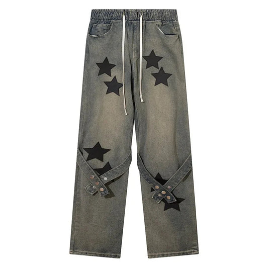 Men Baggy Jeans Star Printed Strap Design Denim Pants Harajuku Vintage Elastic Waist Oversized Casual Straight Trousers Unisex Street King Limited