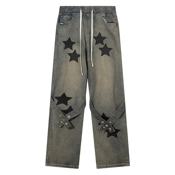 Men Baggy Jeans Star Printed Strap Design Denim Pants Harajuku Vintage Elastic Waist Oversized Casual Straight Trousers Unisex Street King Limited