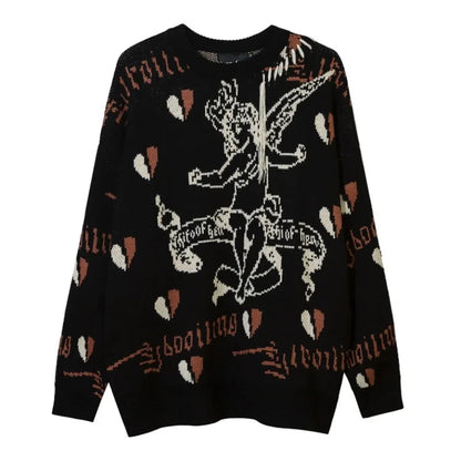 Hip Hop Harajuku Angle Pattern Knitted Sweater Unisex Pullover Streetwear Winter Casual Loose Mens Sweater Warm Jumper Knitwear Street King Limited