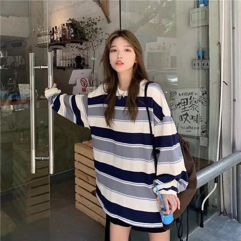 Women T shirts Striped Sweatshirt Thin tops 2024 Spring Women's Clothing Korean Fashion Couples Long Sleeve Teed y2k Pullovers Street King Limited