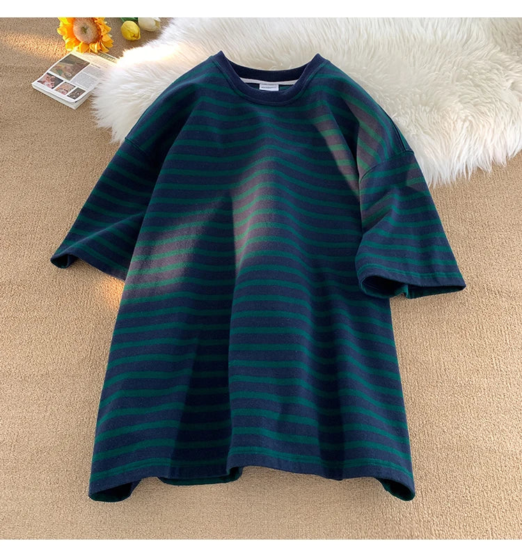 Japanese Striped Contrasting Color Short-Sleeved T-Shirt Men's Summer Pure Cotton 280g Heavy Loose Half-Sleeved T-Shirt Street King Limited