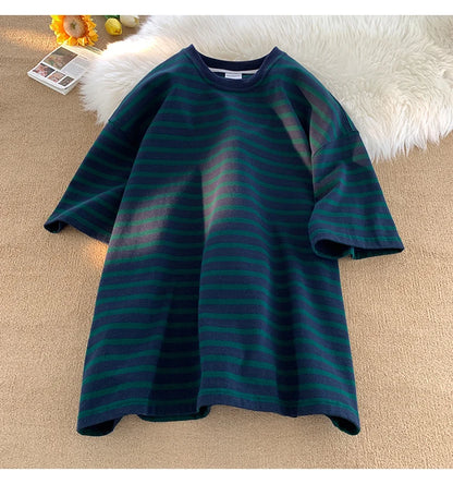 Japanese Striped Contrasting Color Short-Sleeved T-Shirt Men's Summer Pure Cotton 280g Heavy Loose Half-Sleeved T-Shirt Street King Limited