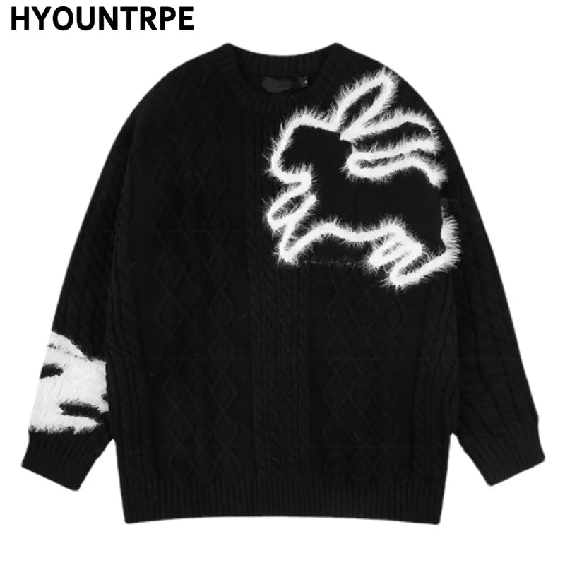 Mens Streetwear Cable Sweater 2023 Fashion Rabbit Pattern Hip Hop Knitted Sweater Pullover Casual Cotton Sweater Unisex Clothes Street King Limited