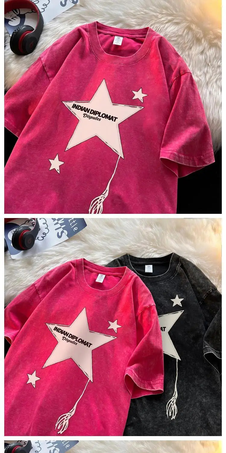 Five-pointed star American washed distressed short-sleeved T-shirt for men in summer loose heavyweight T-shirt trendy y2k tops Street King Limited