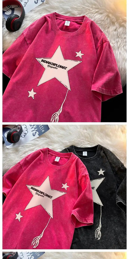 Five-pointed star American washed distressed short-sleeved T-shirt for men in summer loose heavyweight T-shirt trendy y2k tops Street King Limited