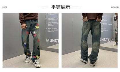 butterfly print jeans men streetwear fashion vibe loose casual hiphop straight washed denim pant jeans cityboy teen trousers unique jeans style 2561