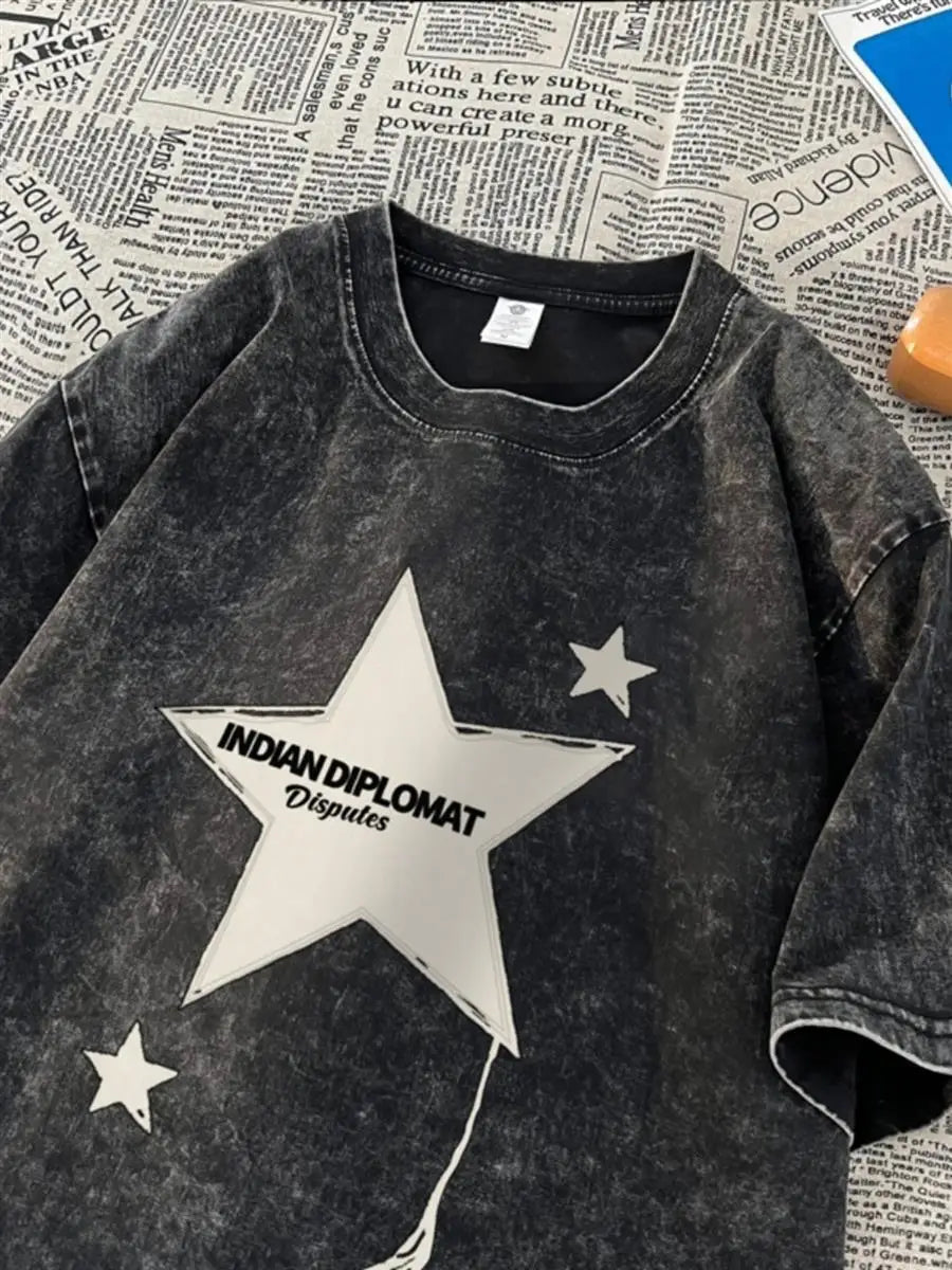 Five-pointed star American washed distressed short-sleeved T-shirt for men in summer loose heavyweight T-shirt trendy y2k tops Street King Limited