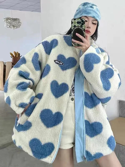 2024 autumn and winter new love lambswool cotton padded jacket double sided collar jacket couple loose jacket warm jacket y2k unique default style 4199
