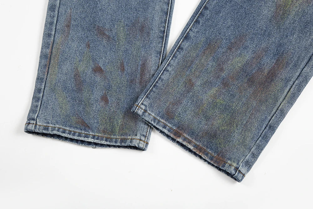 green painted hole washed blue baggy jeans mens streetwear distressed casual loose denim trousers ropa hombre frayed cargo pants unique cargo style 4337
