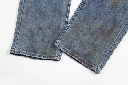 green painted hole washed blue baggy jeans mens streetwear distressed casual loose denim trousers ropa hombre frayed cargo pants unique cargo style 4337