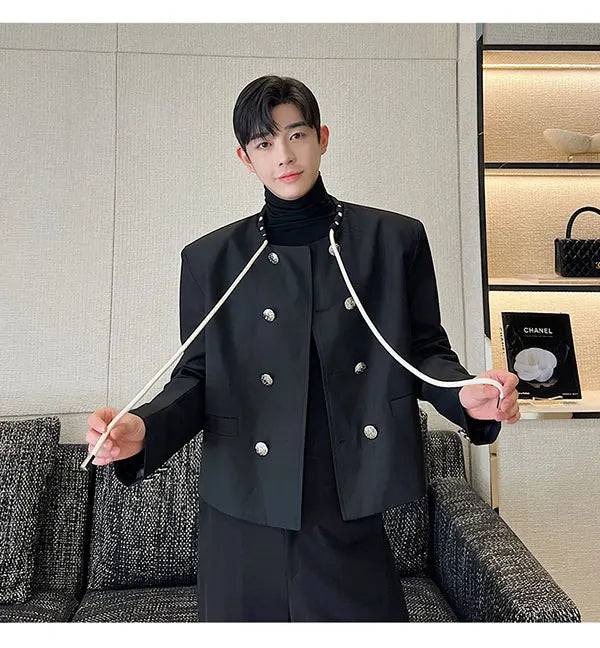 men double breasted drawstring collar loose casual fashion short jacket male korean streetwear vintage coat man unique shorts style 366