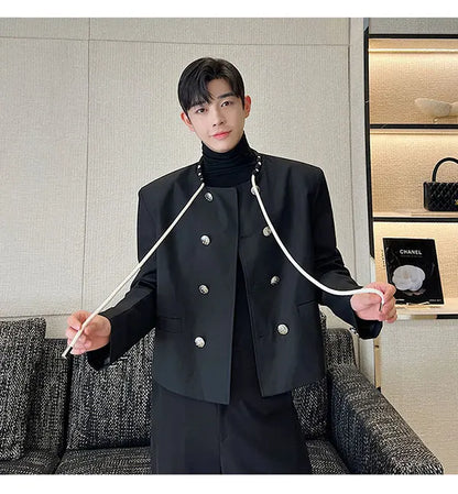 men double breasted drawstring collar loose casual fashion short jacket male korean streetwear vintage coat man unique shorts style 366