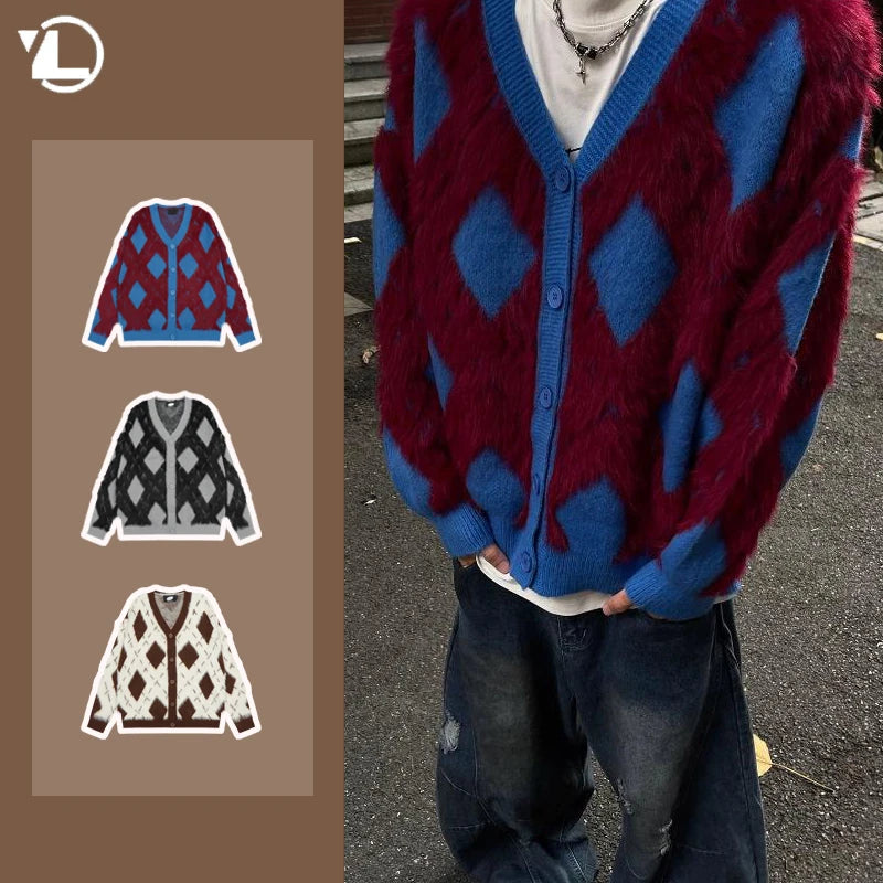 2024 New College Casual Mens Cardigan Autumn Diamond Grid Color Block Street Unisex Knitted Jacket Loose V-neck Sweater Coats Street King Limited