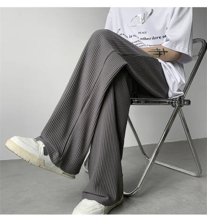summer texture straight pants for men korean fashion baggy wide leg trousers casual drape pleated striped y2k pantalones hombre unique default style 479