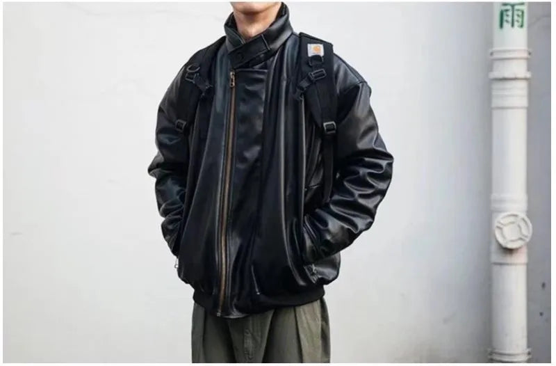 japanese street motorcycle set men thickened stand collar hip hop leather jacket harajuku casual pants 2 pcs bomber suit 2023 unique default style 4352