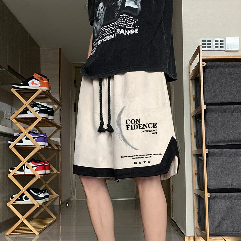 summer letter print suede shorts mens basketball training baggy short sweatpants new streetwear patckwork gym y2k bermudas streetwear sweatpants