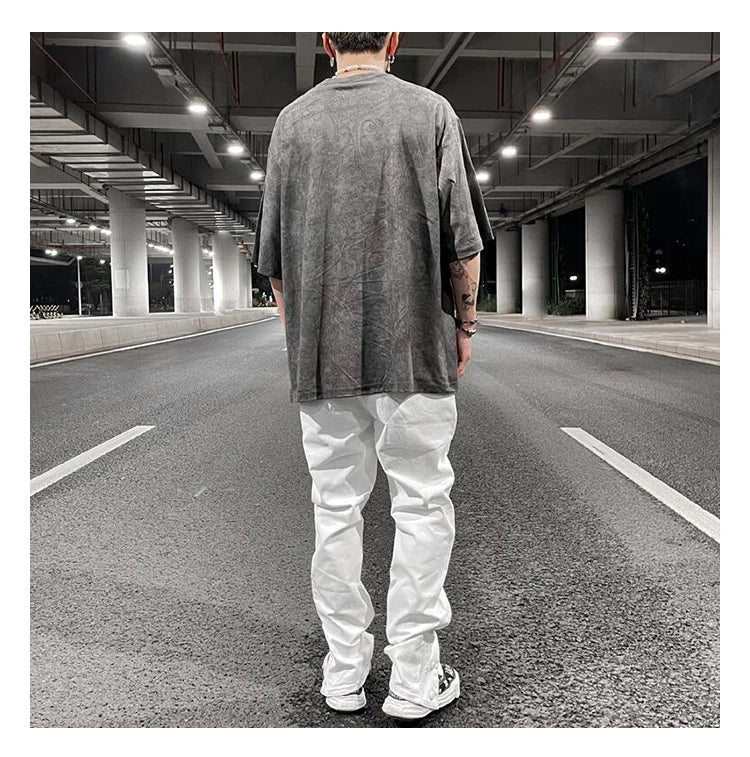 Merican Hip-hop Summer Thin Section Suede Cashew Flower Print Tshirts Tops Men and Women Loose Short-sleeved T-shirts Oversized Street King Limited