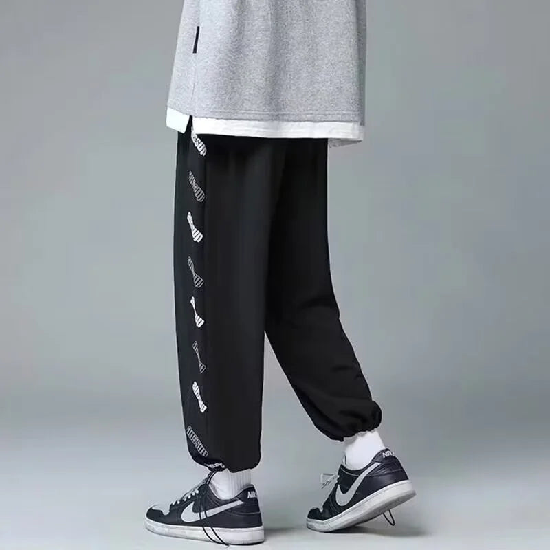 summer side letter printed straight pants mens drawstring sports joggers sweatpants y2k streetwear baggy casual trousers relaxed fit joggers