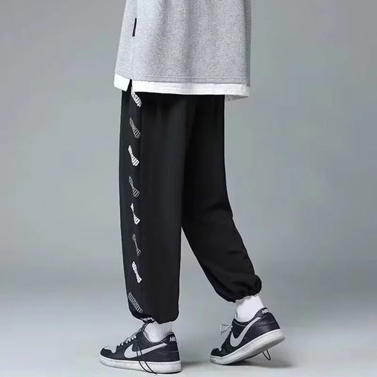 summer side letter printed straight pants mens drawstring sports joggers sweatpants y2k streetwear baggy casual trousers relaxed fit joggers