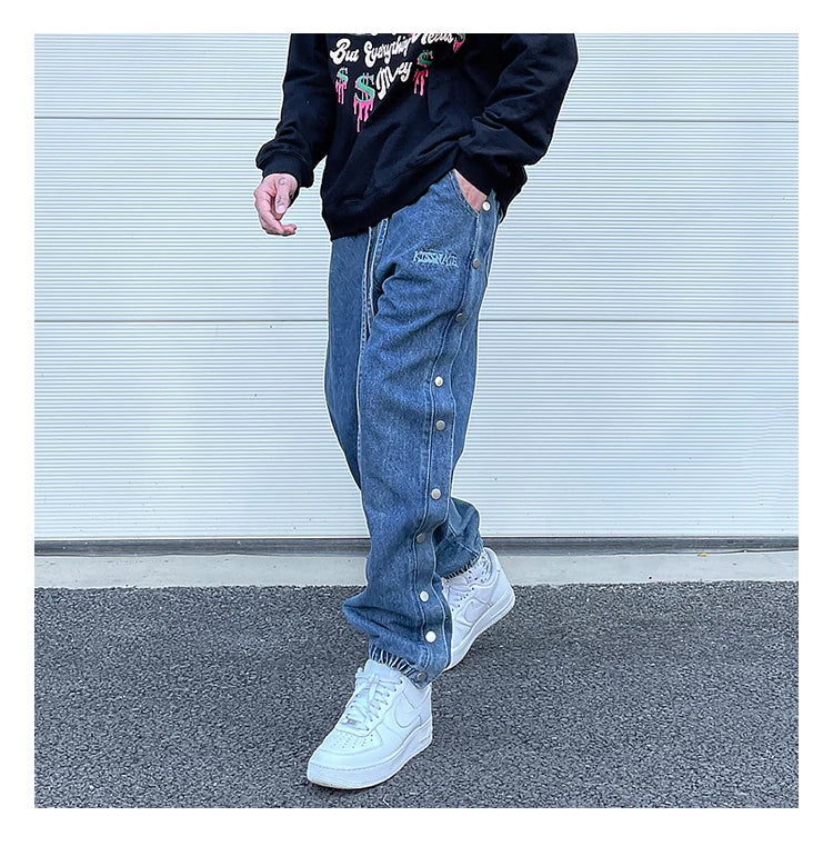 washed distressed denim sweatpant cashew flower patchwork oversized splice buckle jogging jeans casual button baggy men clothing unique joggers style 3355