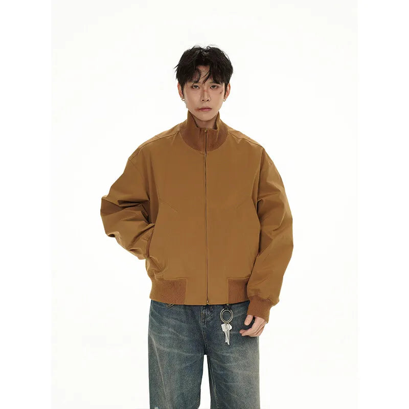 short design stand collar bomber jacket men korean streetwear fashion loose casual vintage bomber jacket coat cityboy outerwear casual urban shorts