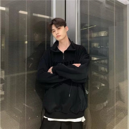 Street Half Zip Hoodie Mens Spring New Vintage Letter Embroidery Loose Sweatshirt Drawstring High Collar Big Pocket Pullover Top Street King Limited