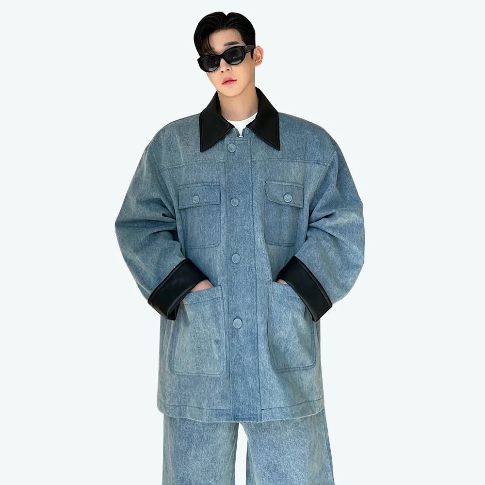 fashion show suits men streetwear washed denim splice loose casual jacket wide leg jeans pants 2 piece sets coat trousers suits stacked flare jeans