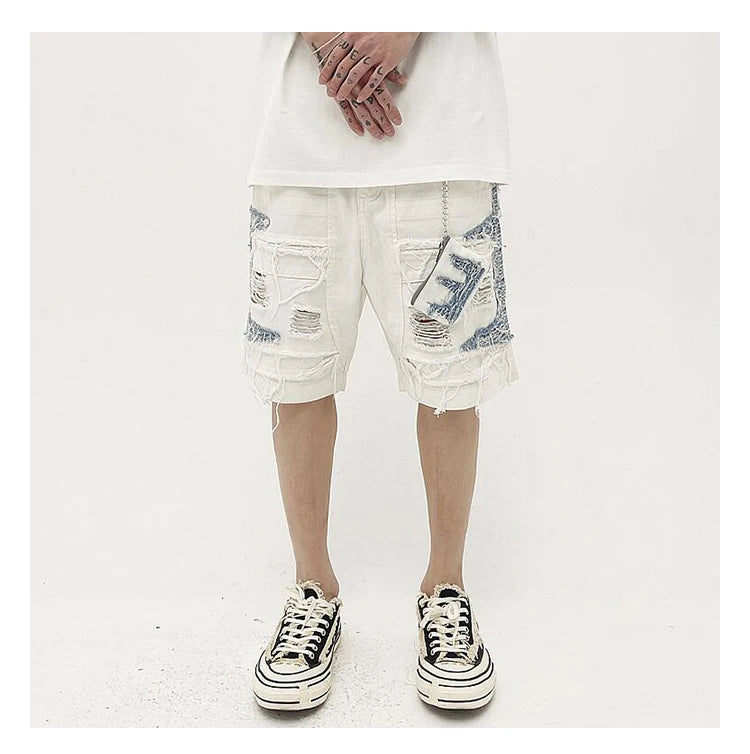 Mens High Street Denim Jean Shorts Casual Loose Destroyed Ripped Holes Loose Shorts Patchwork Hip Hop Streetwear Short Joggers Street King Limited