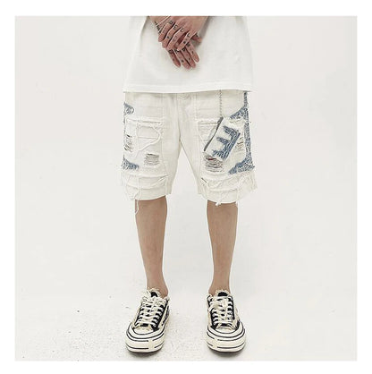 Mens High Street Denim Jean Shorts Casual Loose Destroyed Ripped Holes Loose Shorts Patchwork Hip Hop Streetwear Short Joggers Street King Limited