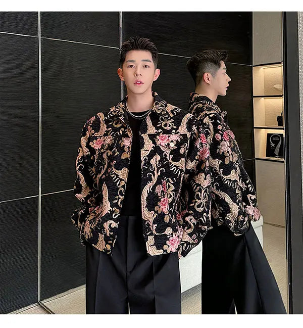 men palace style retro jacquard flower fashion show loose jacket man party dress vintage coat costumes spring autumn clothes unique default style 1236