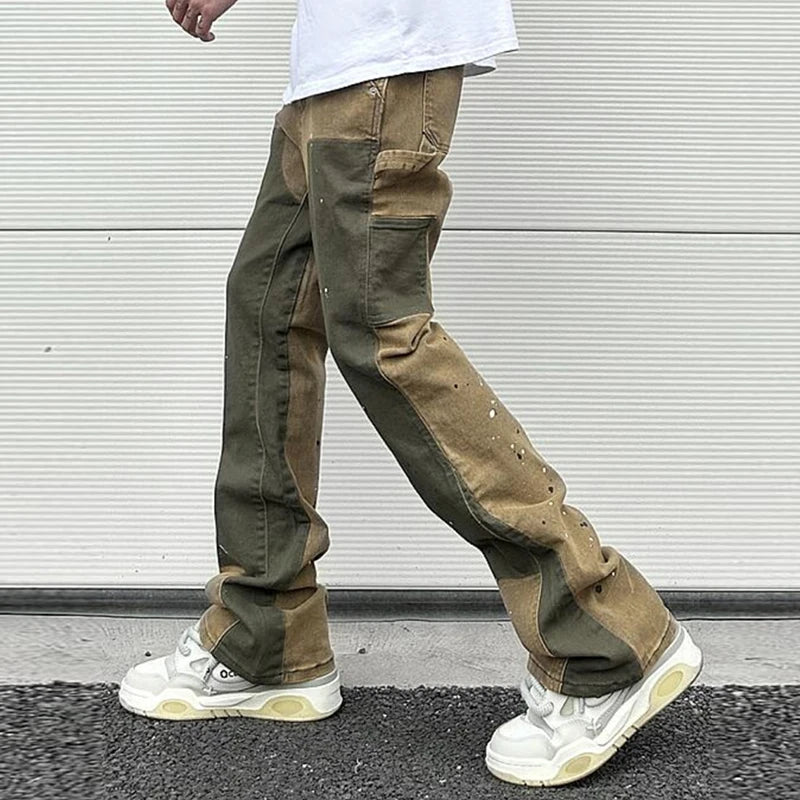 y2k spliced speckled ink patchwork baggy micro flare jeans pants for men streetwear pantalones hombre casual oversized cargos unique cargo style 3464